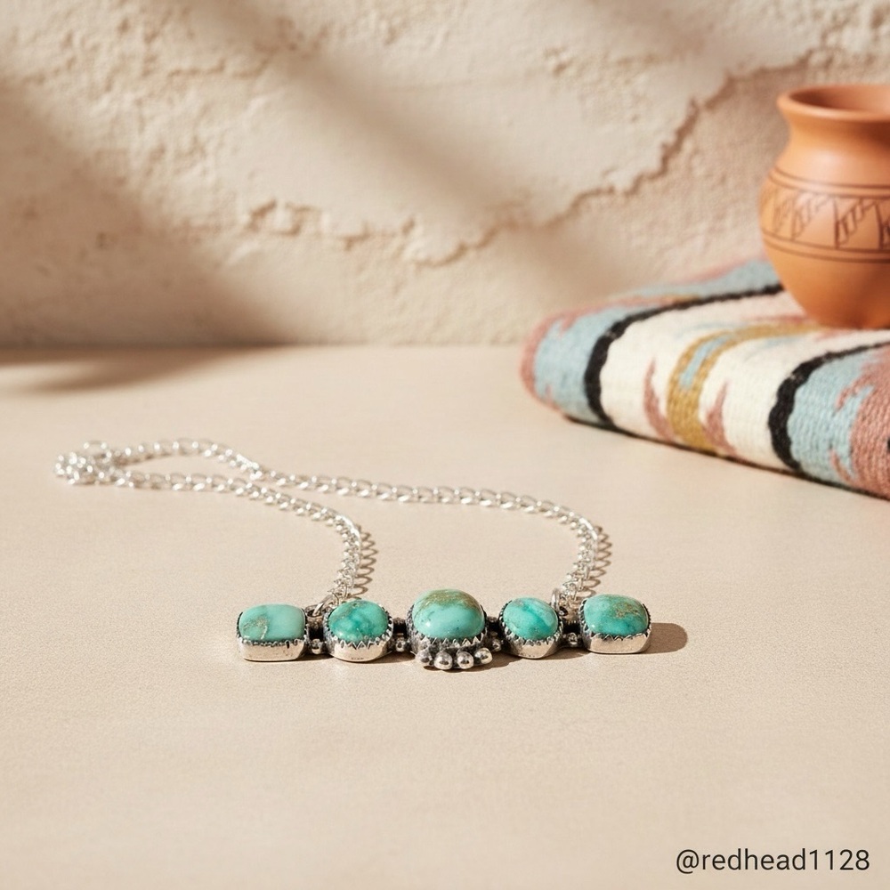 Hand Crafted Turquoise Gemstone Bar Necklace - Silver - Picture 3 of 13